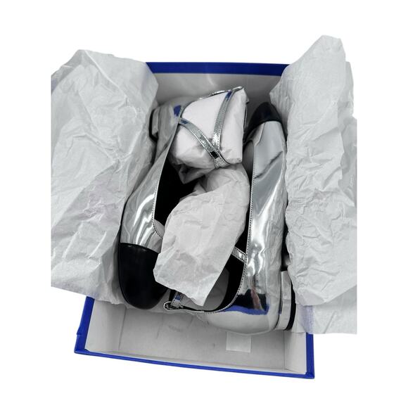 STUART WEITZMAN Silver & Black Cap Toe Leather Eden Cross-Strap Ballet Flats 7.5 - Picture 15 of 16